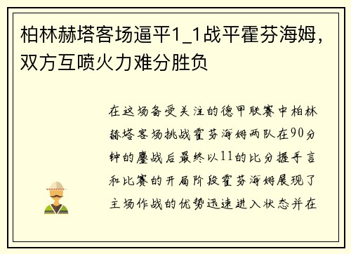 柏林赫塔客场逼平1_1战平霍芬海姆，双方互喷火力难分胜负