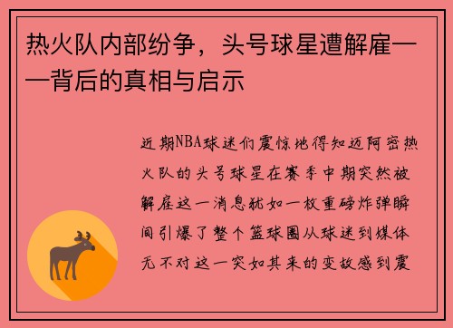 热火队内部纷争，头号球星遭解雇——背后的真相与启示