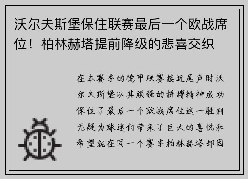 沃尔夫斯堡保住联赛最后一个欧战席位！柏林赫塔提前降级的悲喜交织