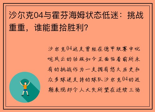 沙尔克04与霍芬海姆状态低迷：挑战重重，谁能重拾胜利？