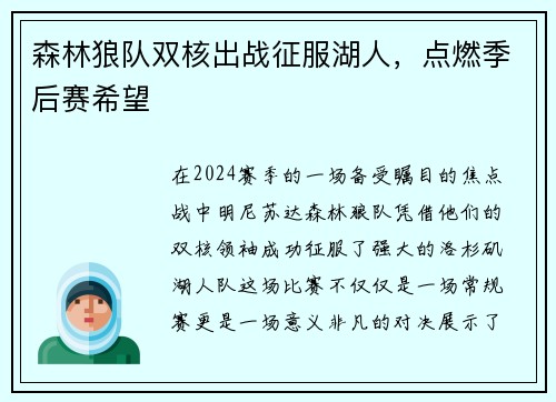 森林狼队双核出战征服湖人，点燃季后赛希望