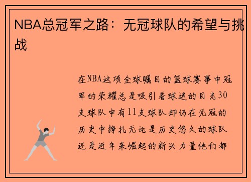 NBA总冠军之路：无冠球队的希望与挑战