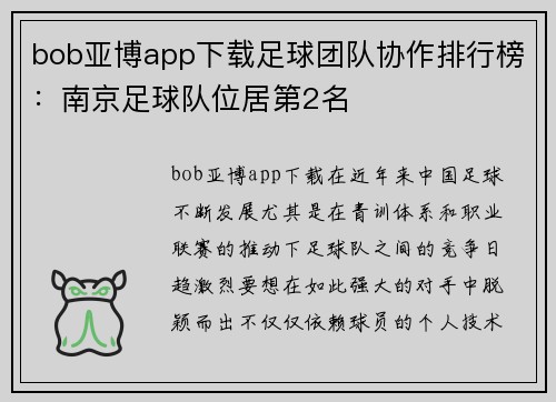 bob亚博app下载足球团队协作排行榜：南京足球队位居第2名