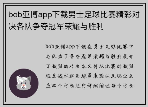 bob亚博app下载男士足球比赛精彩对决各队争夺冠军荣耀与胜利