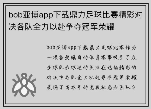 bob亚博app下载鼎力足球比赛精彩对决各队全力以赴争夺冠军荣耀